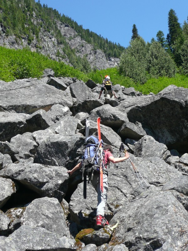 #3 Champs de blocs : Ouf, sortis de la forêt ; mais le pire reste à venir avec 600m de gros blocs à grimper Champs de blocs : Ouf, sortis de la forêt ; mais le pire reste à venir avec 600m de gros blocs à grimper