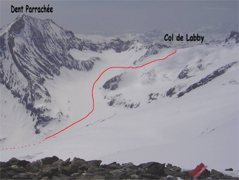 #1 Col de Labby : Photo prise depuis le dôme de Chasseforêt
Itinéraire suivi pour atteindre le col de Labby en passant sous la dent Parrachée Col de Labby : Photo prise depuis le dôme de Chasseforêt
Itinéraire suivi pour atteindre le col de Labby en passant sous la dent Parrachée