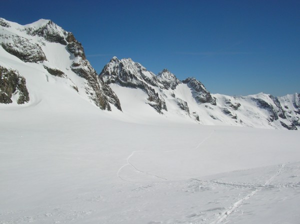 Le glacier blanc vu du col : Vue sur le pic de neige Cordier et la Brèche Cordier entre autre...