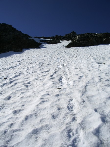 Descente sous le sommet : 1ere pente sous le sommet. Assez raide et neige tres dure.