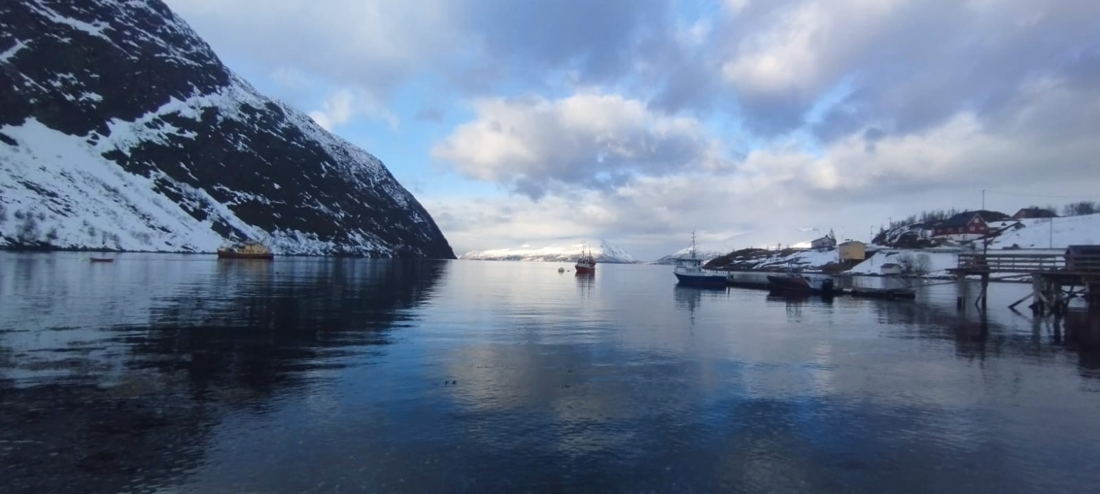  Le petit port et la montagne qui se jette dans le fjord