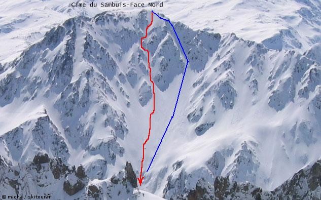 #7 Cime du Sambuis : La descente du jour, en bleu, pour salomé et moi. Les 3 autres pers ont pris + ou - l Cime du Sambuis : La descente du jour, en bleu, pour salomé et moi. Les 3 autres pers ont pris + ou - l'itinéraire rouge.