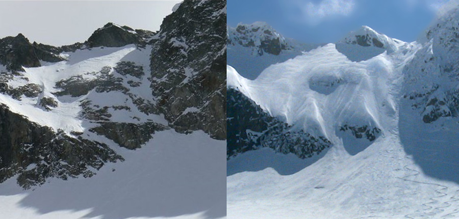 Couloir des Italiens 2008-2009 : Comparatif d'enneigement 2008 à gauche, 2009 à droite, l'enneigement est historique cette année, les rochers et ressauts ont disparu !