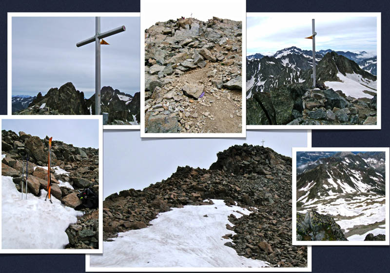 #12 Ghilié : Cime de Ghilié dont la pente sommitale se déneige de plus en plus et les fleurs (bleu, au bas de la photo du milieu) arrivent tant bien que mal à s Ghilié : Cime de Ghilié dont la pente sommitale se déneige de plus en plus et les fleurs (bleu, au bas de la photo du milieu) arrivent tant bien que mal à s'épanouir dans ce terrain très minéral.