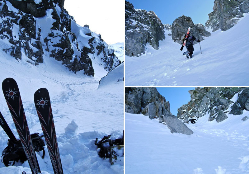 #8 Tavel couloir NW : Le couloir se redresse et la neige nous semble pas très épaisse, on préfère laisser les skis et continuer sans rien. Tavel couloir NW : Le couloir se redresse et la neige nous semble pas très épaisse, on préfère laisser les skis et continuer sans rien.