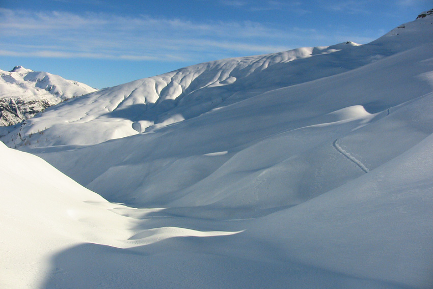 Haut Vallon de l'Alp. Belle neige dans tous le secteur, poudre non ventée