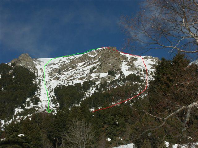#1 Piquet de Nantes. : Face sud du Piquet de Nantes. En rouge, l Piquet de Nantes. : Face sud du Piquet de Nantes. En rouge, l'itinéraire de montée, en vert celui de descente.