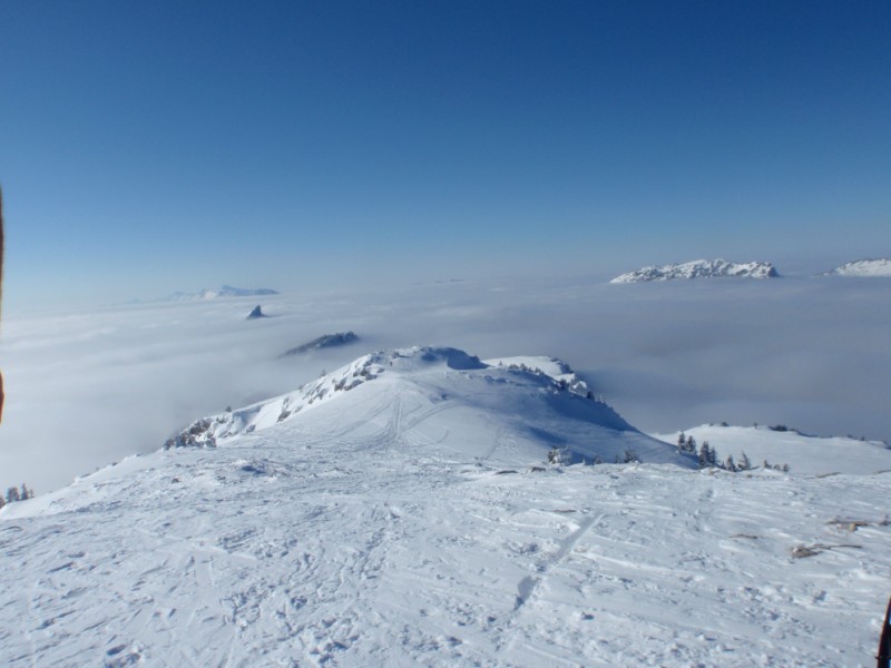 une mer de nuages : vue fabuleuse , les sommets sont visibles vers 1700 m , cela ne donne pas envie de redescendre