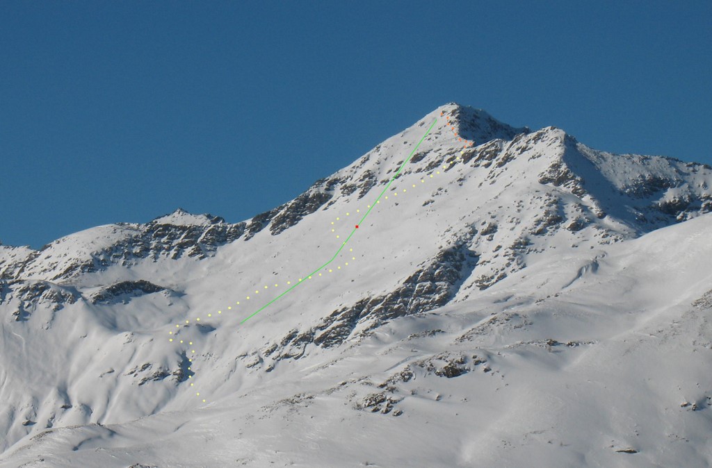 #3 Bric Froid : En jaune, l Bric Froid : En jaune, l'itinéraire de montée.
En vert, l'avalanche.
En rouge, l'endroit où s'est arrêté Martin.