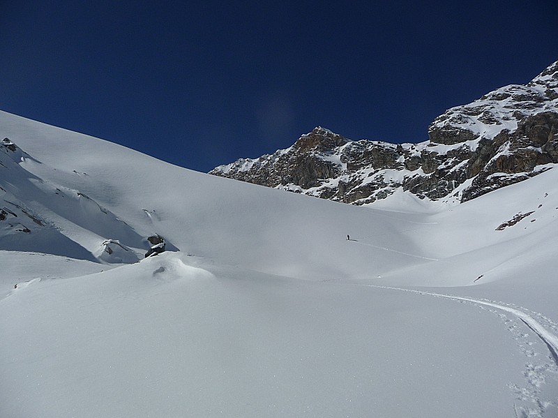Mont Tout Blanc : Dominique attaque la langue du glacier de l'Aouille.
