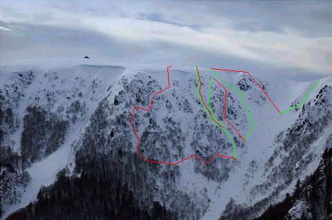 Face nord du hohneck : vert les descentes, rouge les montées.