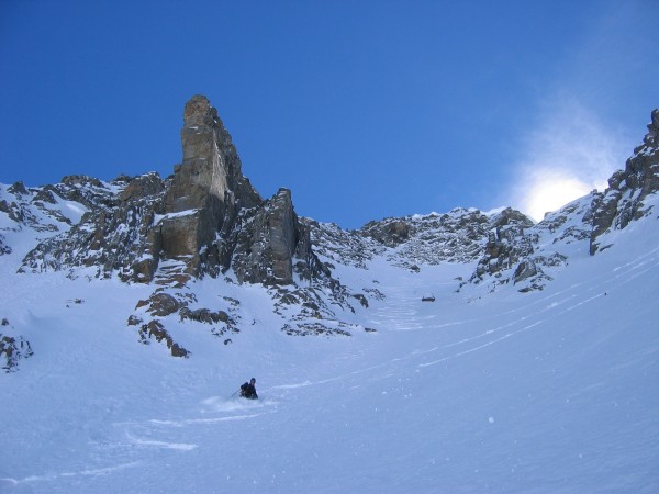 Couloir NE d'Argentière : Denis dans le milieu du couloir