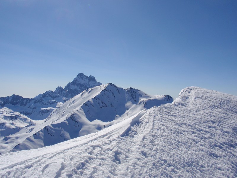 #7 Asti et Mont Viso : derrière l Asti et Mont Viso : derrière l'arête nord du Viso, cinq gars skient dans la poudre.