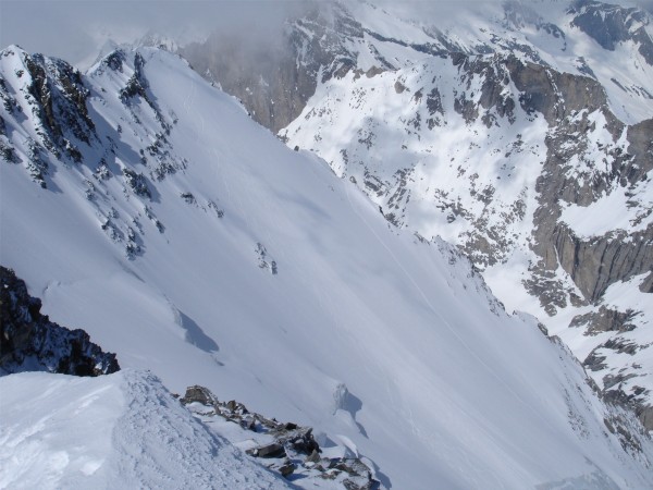 Face vue du sommet : La face vu du sommet. Il y a déjà 2 traces de ce jour, les notres arrivent !