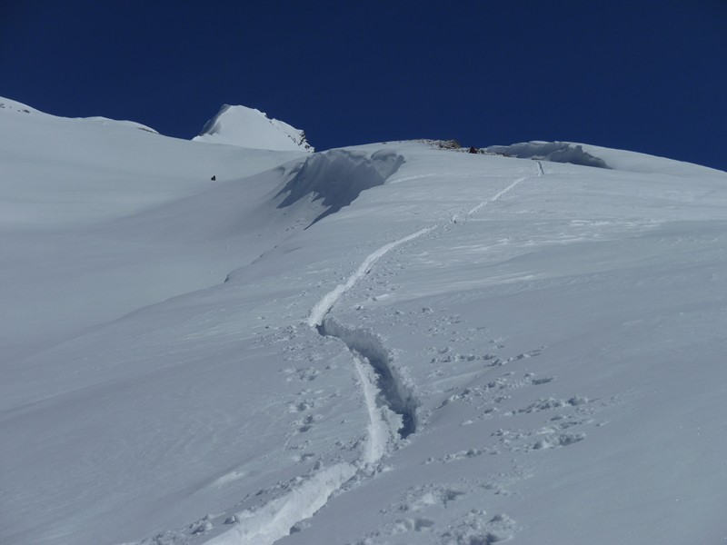 #4 Au dessus du Col d Au dessus du Col d'Urine : La trace de montée était faite, pas la trace de descente... Sous l'antécime, départ du couloir réalisé lundi, et objectif de nos traceurs du jour.