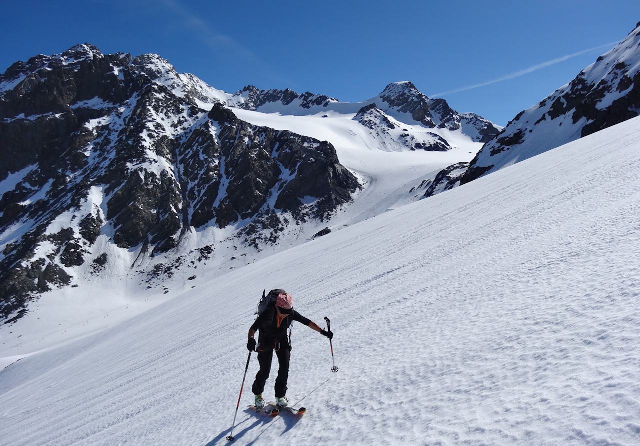 #1 Montée au col du Bouchet : En arrière plan, le glacier de Chavière. Montée au col du Bouchet : En arrière plan, le glacier de Chavière.