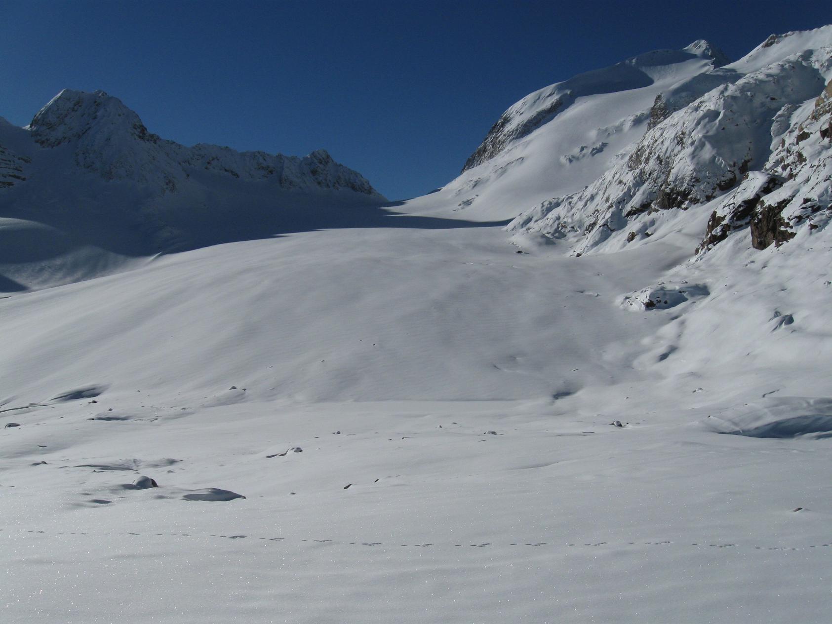 Glacier de Saint-Sorlin : Avec tous les rochers affleurants, on voit bien que le glacier a pris une claque. Dans peu de temps la partie sommitale ne sera plus reliée au plateau glacière.