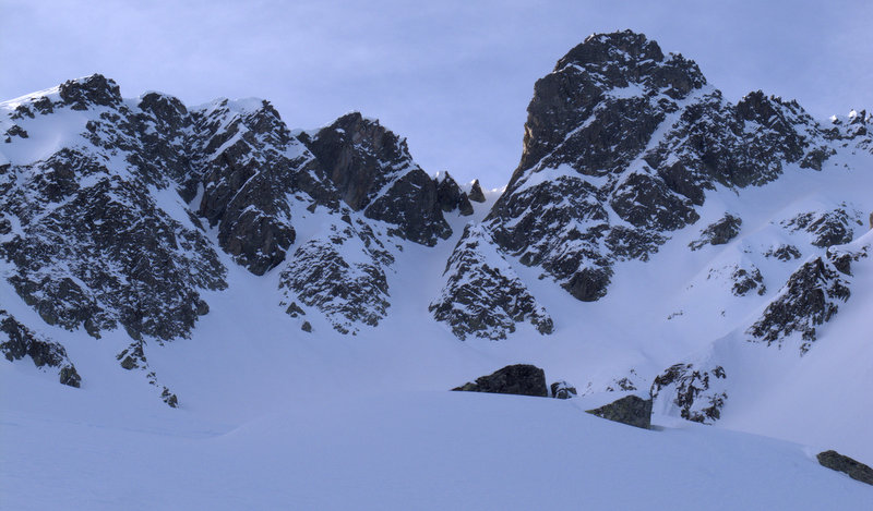 Couloir de la Balme : au vue des conditions du jour, inutile de le remonter, on le skiera à vue