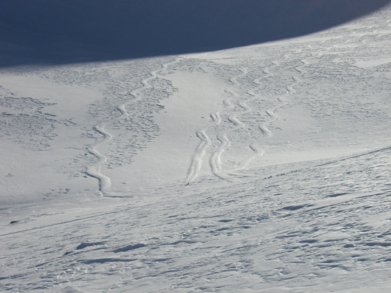 #2 Trace en négatif : C Trace en négatif : C'est la première fois que je vois des traces de descentes en relief. Je pense que les skieurs sont passés dans la poudre, l'ont tassé et le vent à ensuite soufflé la neige, laissant la partie dure. Une confirmation???