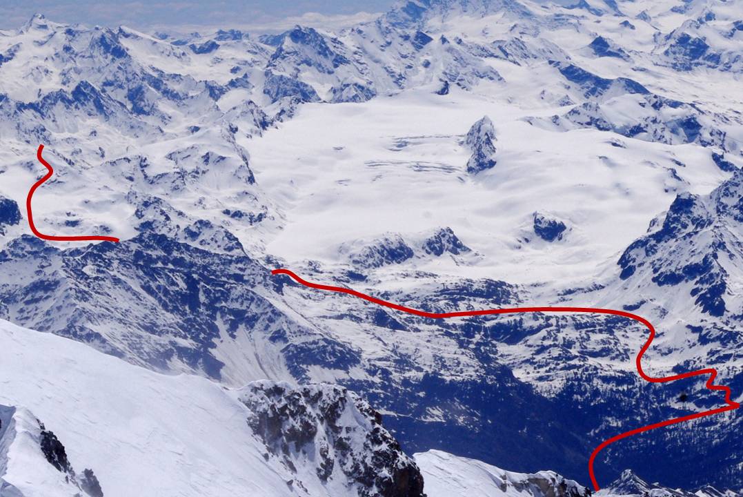 #11 Itinéraire du jour : Reprise de l Itinéraire du jour : Reprise de l'itinéraire du jour, sur un cliché du 14/05/2012, depuis le sommet du Mont-Blanc... La Becca était petite vue de la Bosse!!!!