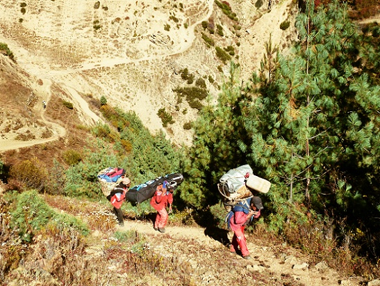 Trek : Les 3 seuls porteur de l'expé. Le reste des 500Kg est porté par des miulses et les yaks