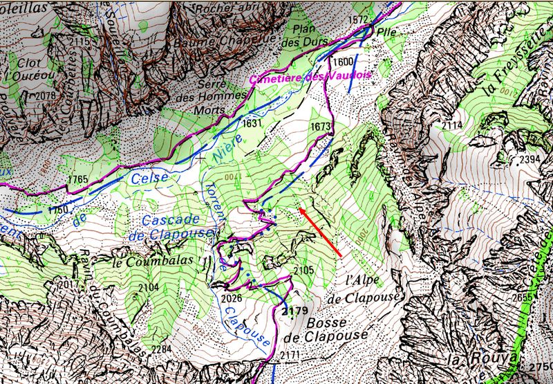 carte : passage par le sentier d'été, possible aussi par la rive gauche de l'Alpe de Clapouse et selon par le "ravin de l'Alpet"