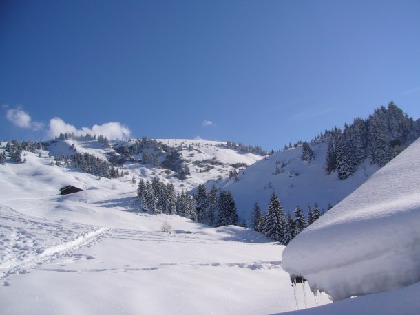 A la Commanderie : Chalet à droite et vue vers le Plan de la Mouille