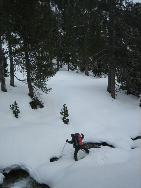 Jour 1 : Passage de torrent très scabreux dans la forêt menant au lac de l'Oule. Ski sanglier à souhait :)