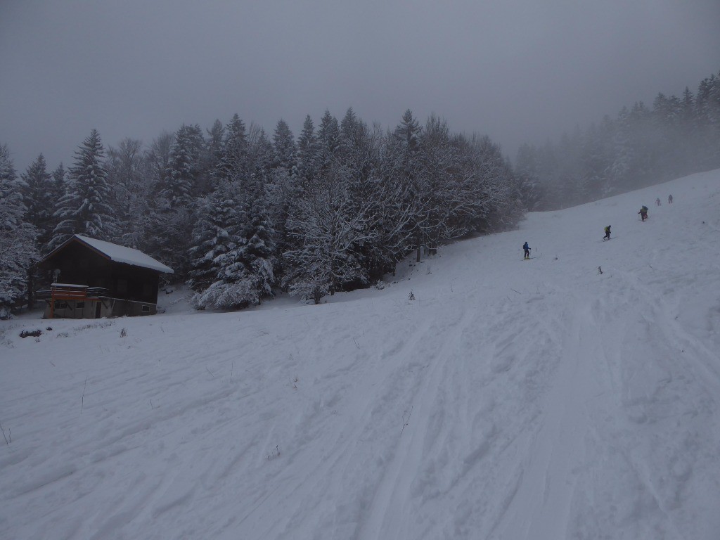 Piste vers 1150m 20 cm de neige damée par les skieurs environ une centaine sur la journée!