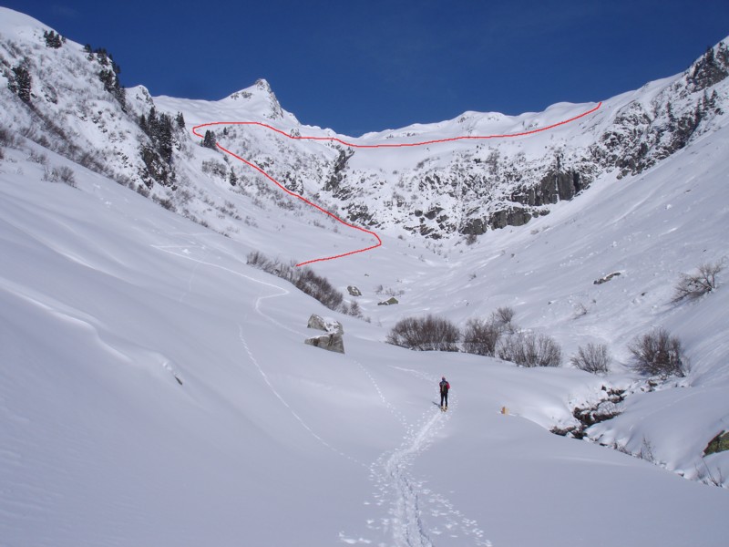 A gauche le couloir qui donne accès au larges pentes supérieures.
Le sommet n'est pas visible