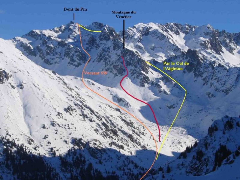 Couloir SW du Vénétier, entre l'itinéraire W Dent du Pra et Dent du Pra par Aigleton (photo ©Squal/topo Dent du Pra)