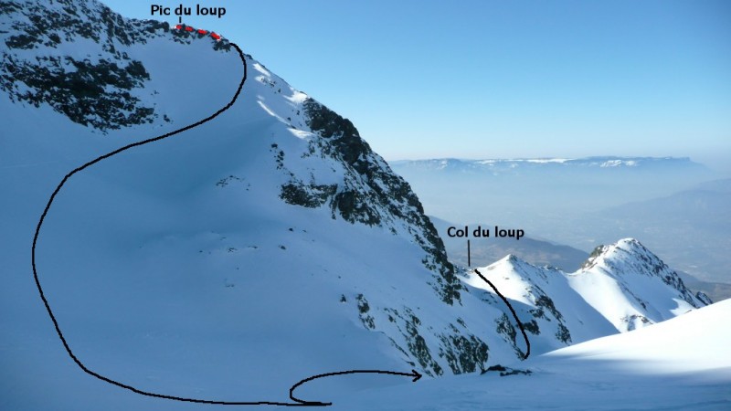 Depuis le col des lances, les 2 possibilités par le col du Loup (topo) ou le Pic du Loup (variante du topo)