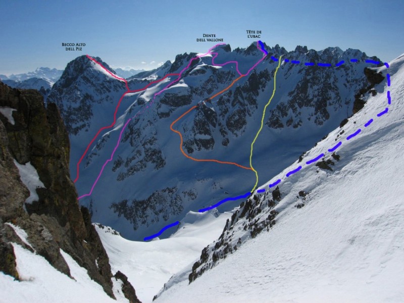 En Bleu itinéraire de montée par le Pas de la Lauze, en jaune descente rapide par la B.de l'Ubac à l'E de la cime de la Lausa, en rose itinéraire de descente décrite dans le topo, en orange itinéraire de descente normale pour la Tête de l'Ubac ou iti