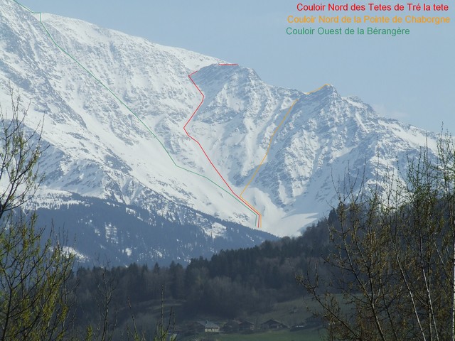 les 3 principaux couloirs de la Combe d'Armancette. Photo depuis la vallée de Passy