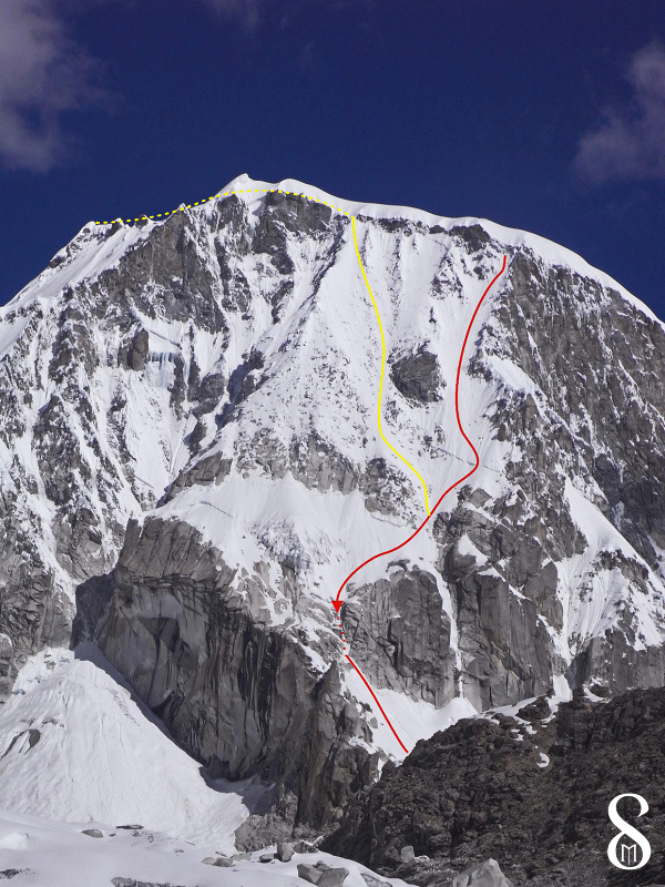Face nord du Ranrapalca : les deux itinéraires skiés (le notre en rouge)