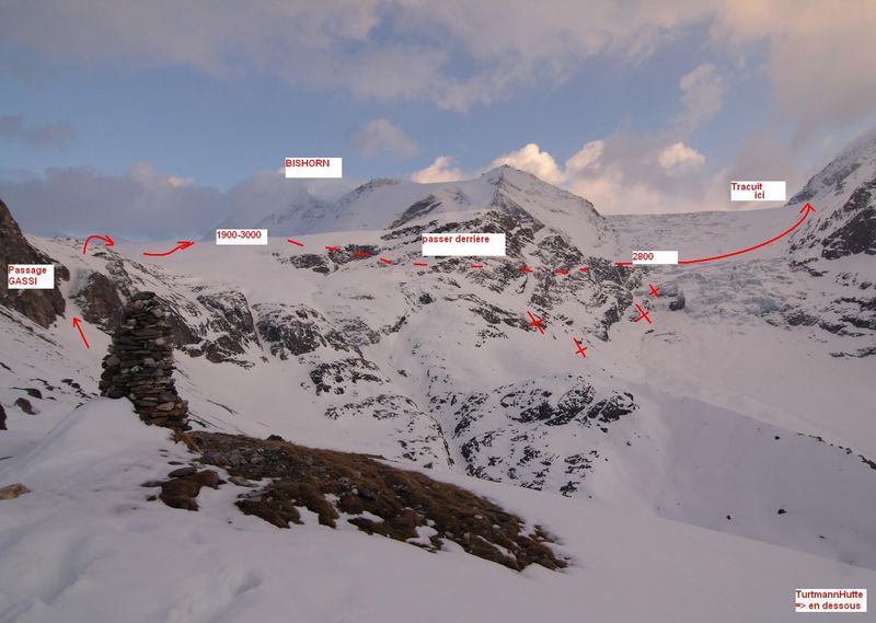 Itinéraire de Turtmann à Tracuit. Un gros détour pour passer le 1° vérrou glaciaire.