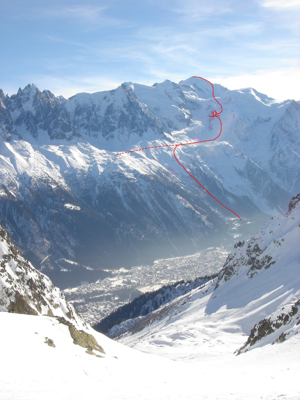 Intégralité du parcours. A gauche en pointillé, direction le téléphérique de l'Aiguille du Midi