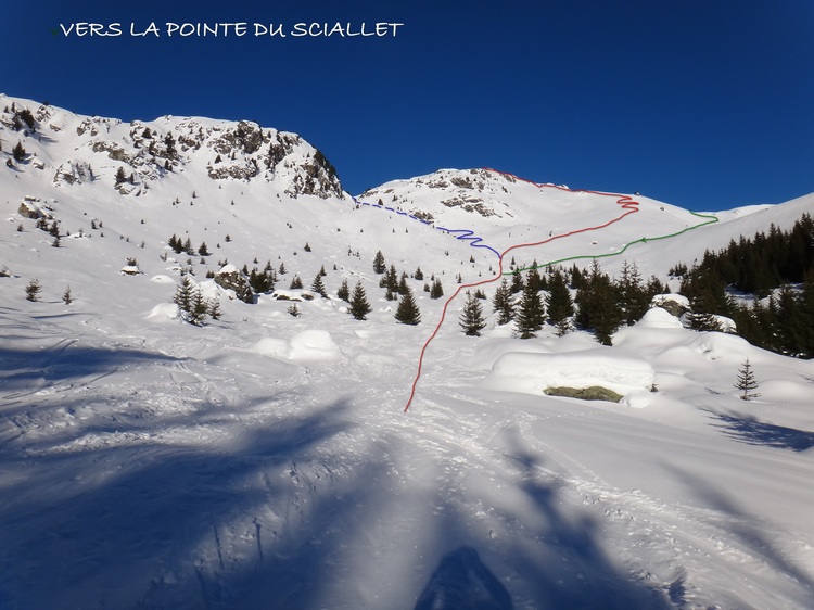 3 possibilités: par le torrent en bleu, par les crêtes en rouge et par la face est en vert.