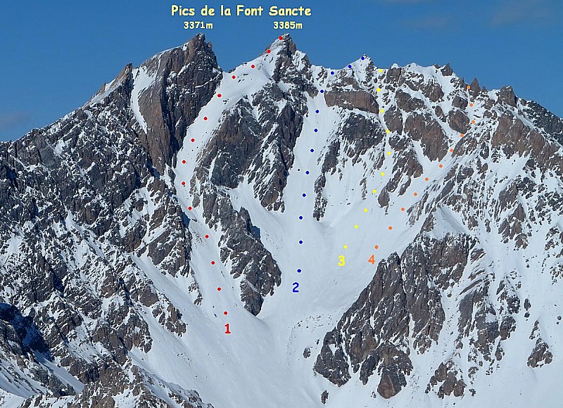 Pics de la Font Sancte, Couloirs Sud.
- 1 : couloir Banane (4.2)
- 2 : couloir Sud (4.2)
- 3 : couloir central (5.1)
- 4 : couloir de la pyramide (4.3)