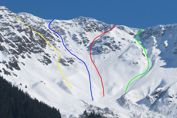 Couloir W (4.3) en jaune,
Couloir NW (5.1) en bleu,
Diagonal N (4.3) en rouge,
Grand Nant (4.3) en vert.