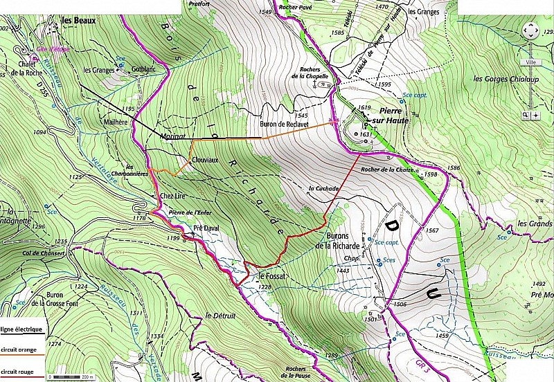 Les 2 principaux itinéraires du versant auvergnat (variantes possible).Circuits PSH<>Vallée du Fossat.