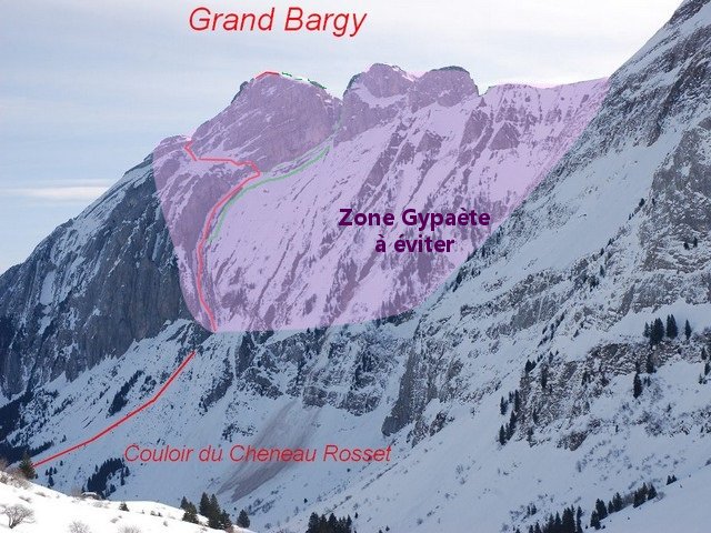 variante (en vert) par le col entre la tour et le grand bargy + Zone Gypaète
