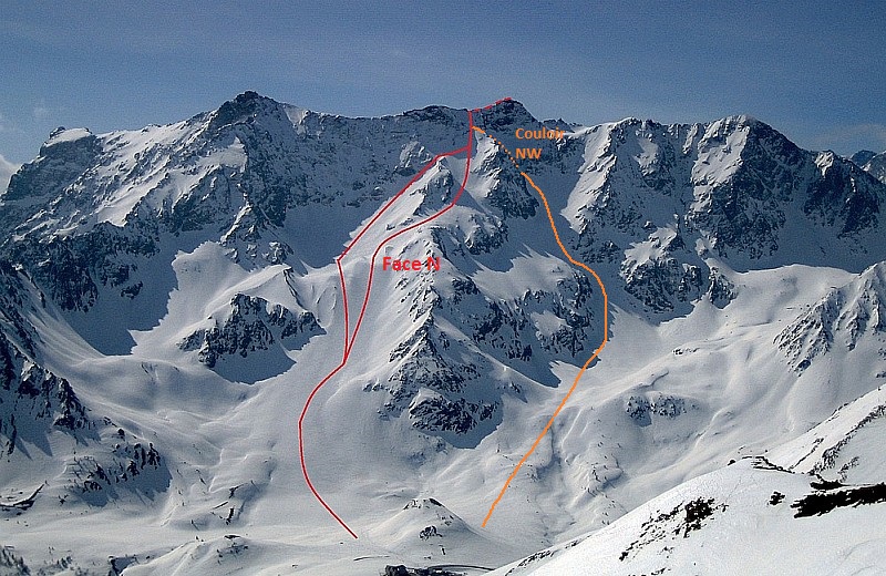 Itinéraire face N et couloir NW du Pic W de Combeynot.
Photo par Vivagel