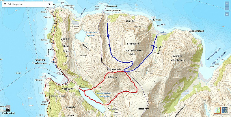 Itinéraire en rouge décrit par le topo. 
En bleu, les deux vallons nord. 