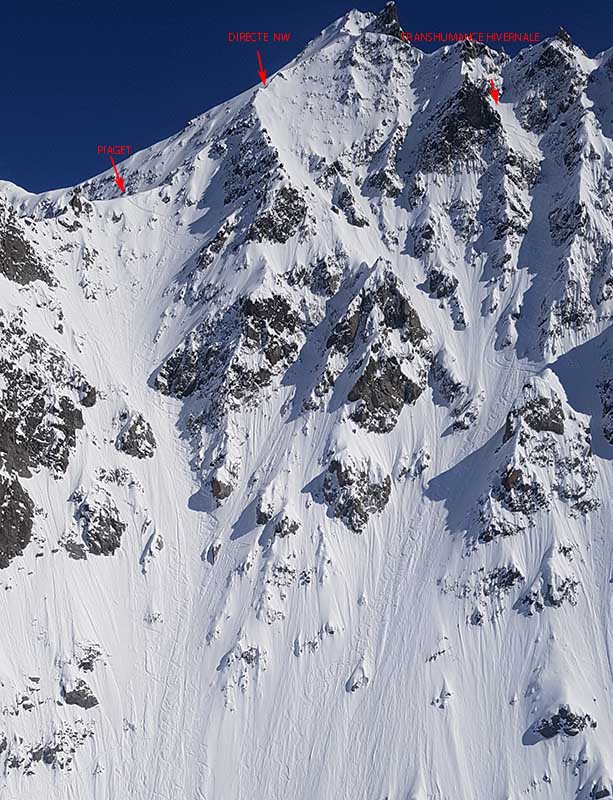 Agrandissement du haut de la face pour clarifier les trois lignes : Piaget, Directe Nord-Ouest et transhumance hivernale