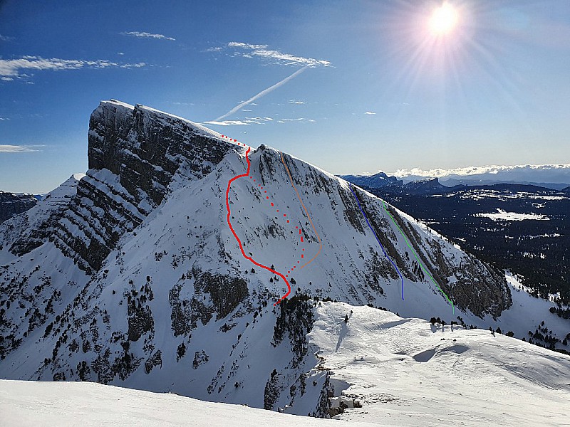 Depuis Pointe Blanche. Rouge voie normale avec descente pointillée. Bleu raie des fesses. Vert et orange variantes de descente possibles en 4.X.