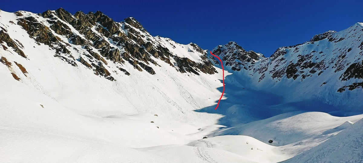 Couloir du Fond (tracé en rouge), vue depuis la combe de Tigneux.