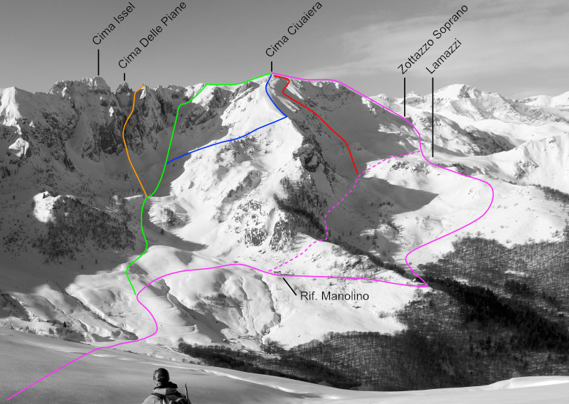 En mauve l’itinéraire principal, en rouge la face N, En vert le couloir E-NE, en bleu la croupe NE, en orange le couloir N de Cima delle Piane