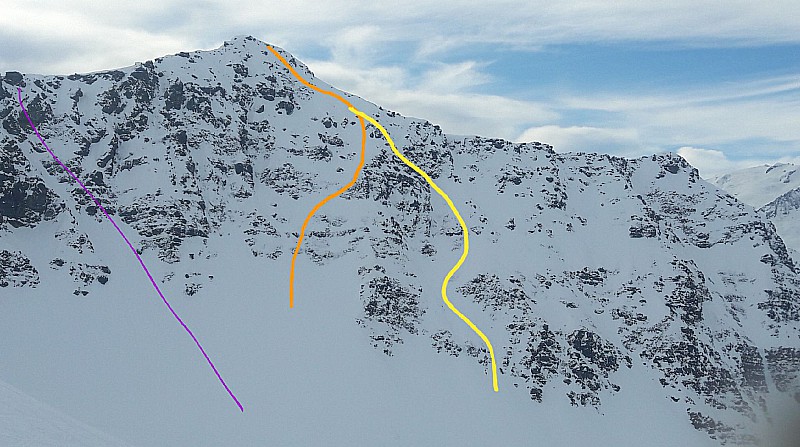 en violet couloir de louege, en orange la directe et en jaune la voie de la rampe