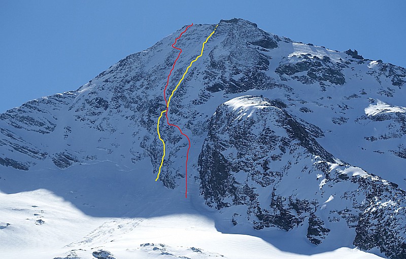 en rouge le tracé du topo. 
en jaune la descente de C.grand. en 1995
